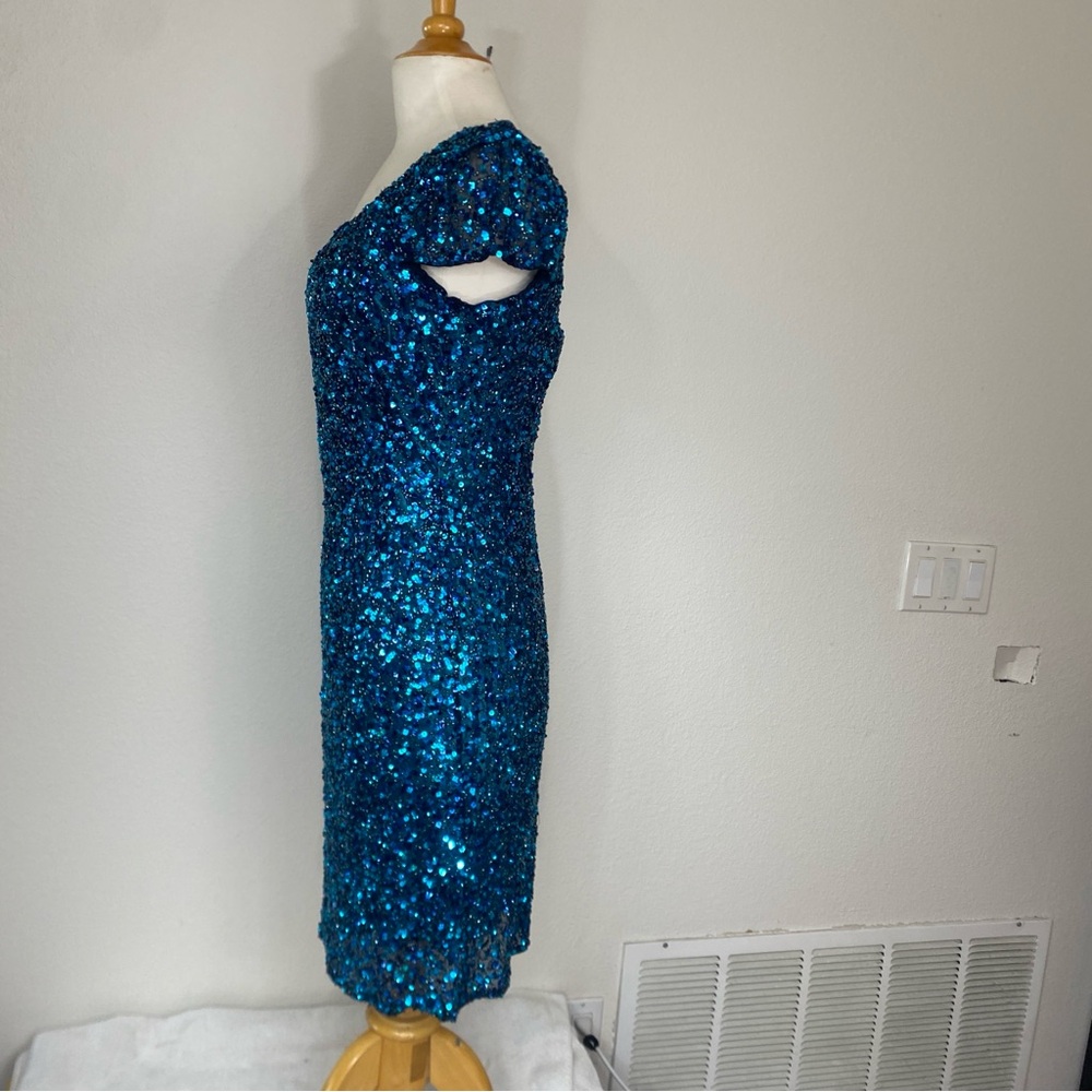 Vintage Women's Scala Blue Beaded Cap Sleeve Sheath Dress Size 14 Party Glam - Picture 3 of 16